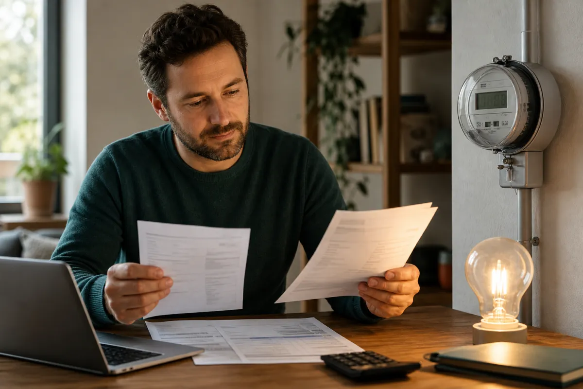 Person vergleicht Energieabrechnungen zu Hause
